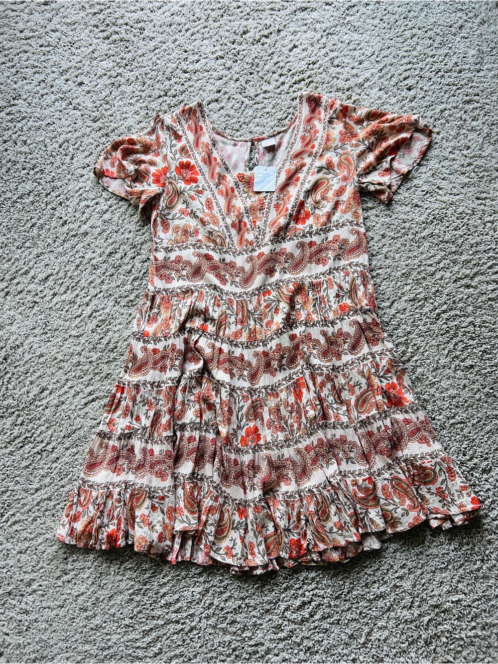 Floral Paisley Ruffle Dress - Cream & Rust